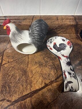 Rooster Ceramic Spoon Rest and Sponge Holder Set - White, Black, Red
